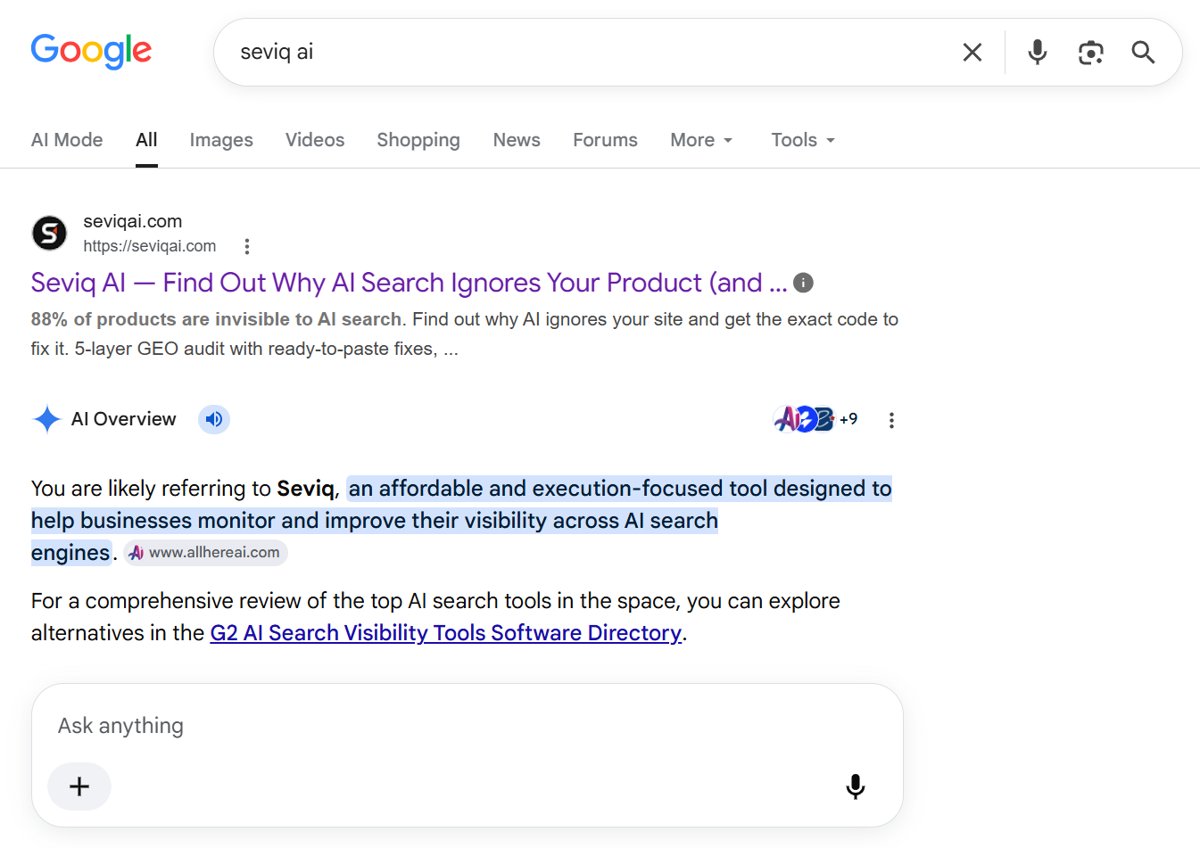 Google search results for Seviq AI showing the seviqai.com listing and an AI Overview citing a third-party source