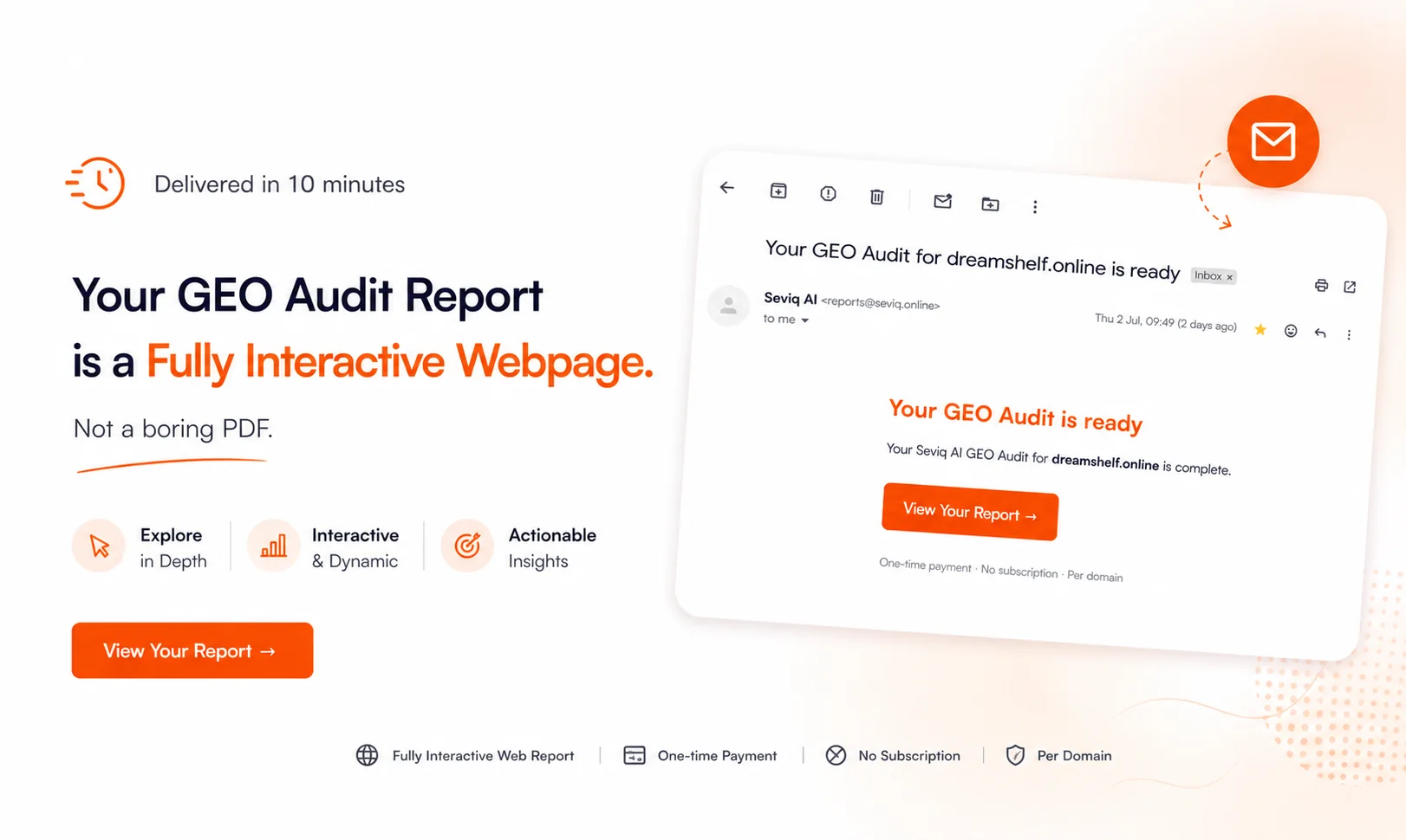 Interactive GEO audit report email mockup showing the report delivery experience